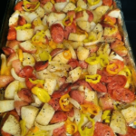 OVEN-ROASTED SAUSAGES, POTATOES, AND PEPPERS