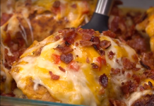 Four Cheese Bacon Stuffed Smothered Chicken Casserole!