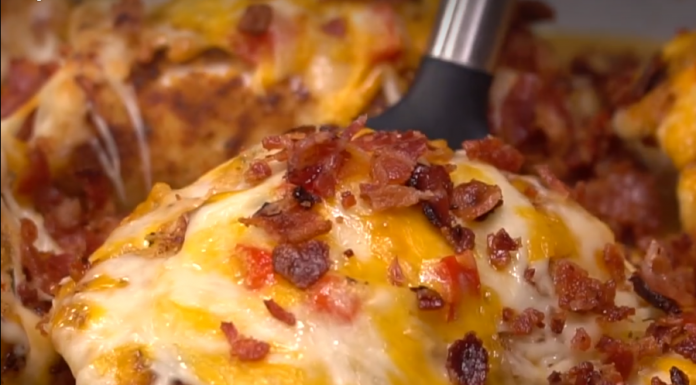 Four Cheese Bacon Stuffed Smothered Chicken Casserole!