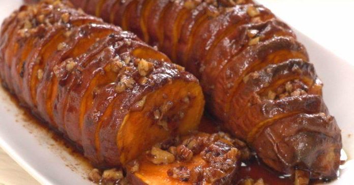 HASSELBACK MAPLE PECAN SWEET POTATOES