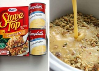 Dump 4 ingredients into a slow cooker. End result is a hearty, tasty chicken and stuffing