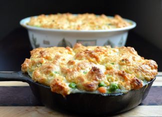 Chicken Pot Pie Topped with Jalapeno & Scallion Biscuits