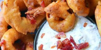 Bacon Onion Rings with Bacon Ranch Dipping Sauce