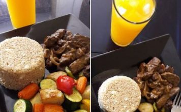 OX LIVER WITH MUSHROOMS AND CREAM SERVED WITH ROASTED VEGETABLES AND COUS COUS