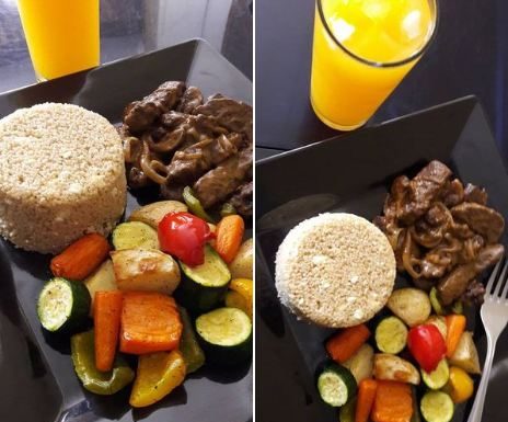 OX LIVER WITH MUSHROOMS AND CREAM SERVED WITH ROASTED VEGETABLES AND COUS COUS
