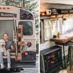 College Student Transforms Old School Bus Into Tiny Home With Skylight, Fireplace, And Rooftop Garden
