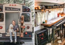 College Student Transforms Old School Bus Into Tiny Home With Skylight, Fireplace, And Rooftop Garden