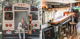 College Student Transforms Old School Bus Into Tiny Home With Skylight, Fireplace, And Rooftop Garden