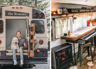 College Student Transforms Old School Bus Into Tiny Home With Skylight, Fireplace, And Rooftop Garden