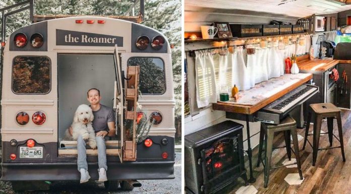 College Student Transforms Old School Bus Into Tiny Home With Skylight, Fireplace, And Rooftop Garden