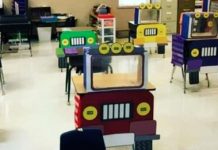 Teacher turns classroom desks into socially remote trucks