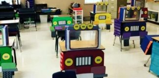 Teacher turns classroom desks into socially remote trucks