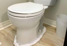 A lady sprays shaving cream around the toilet bowl for this great reason