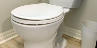 A lady sprays shaving cream around the toilet bowl for this great reason
