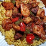 Jerk Steak & Shrimp over Yellow Rice