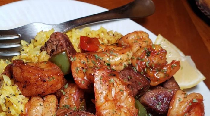 Jerk Steak & Shrimp over Yellow Rice