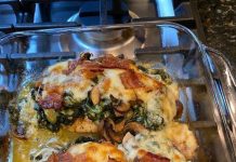 SMOTHERED CHICKEN WITH CREAMED SPINACH, BACON, MUSHROOMS