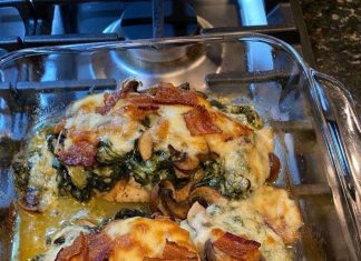 SMOTHERED CHICKEN WITH CREAMED SPINACH, BACON, MUSHROOMS