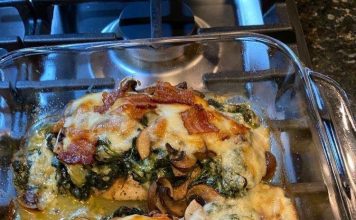 SMOTHERED CHICKEN WITH CREAMED SPINACH, BACON, MUSHROOMS