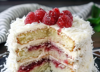 This Coconut Cake with Raspberry Filling is the Dessert of Your Dreams!”