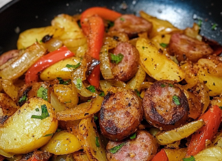 Sizzling Skillet: Fried Potatoes and Onions/Peppers with Smoked Sausage – A Flavorful Feast!