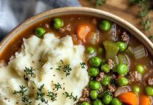 Soup made with shepherd’s pie ingredients.
