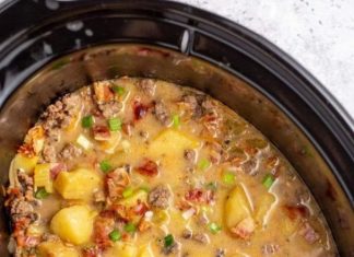 Creamy Potato Bacon Soup made in a slow cooker.