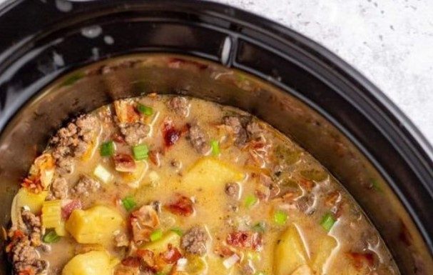 Creamy Potato Bacon Soup made in a slow cooker.
