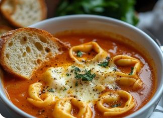 Tomato Tortellini Soup with Cheddar & Toast Bites Made in a Crockpot