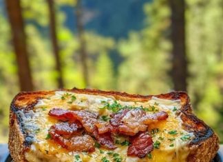 Mushroom & Caramelized Onion Soup with Cheesy Toasties and Bacon