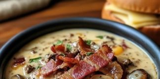 Soup with Bacon, Mushrooms, and Swiss Cheese