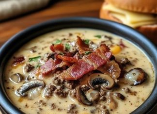 Soup with Bacon, Mushrooms, and Swiss Cheese