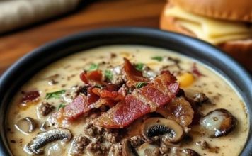 Soup with Bacon, Mushrooms, and Swiss Cheese