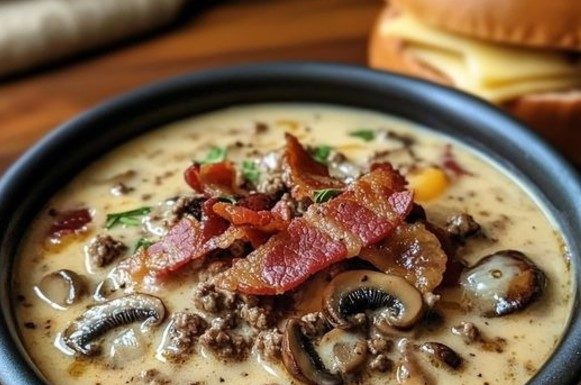 Soup with Bacon, Mushrooms, and Swiss Cheese