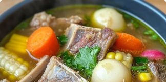 Beef Rib Soup with Carrots, Corn, and Radishes