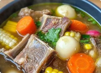 Beef Rib Soup with Carrots, Corn, and Radishes
