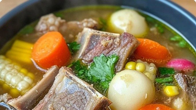 Beef Rib Soup with Carrots, Corn, and Radishes