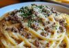 Cheesy Garlic Butter Linguine Pasta with Savory Ground Beef