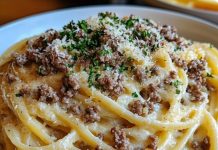 Cheesy Garlic Butter Linguine Pasta with Savory Ground Beef