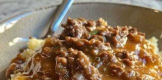 Mashed potatoes with ground beef gravy