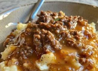 Mashed potatoes with ground beef gravy