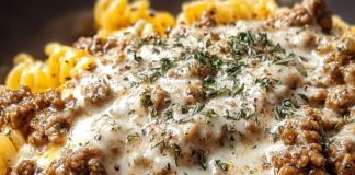 one pot beef and cheddar ranch pasta