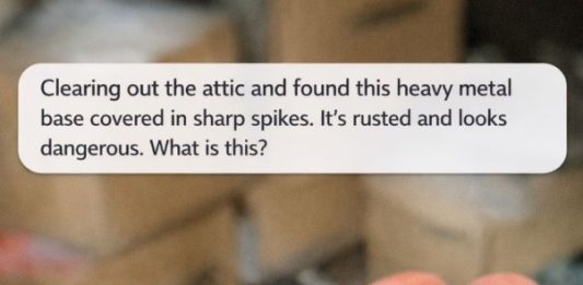 Clearing out the attic and found this heavy metal base covered in sharp spikes. It’s rusted and looks dangerous. What is this?