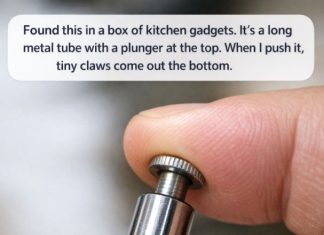 Found this in a box of kitchen gadgets. It’s a long metal tube with a plunger at the top. When I push it, tiny claws come out the bottom.