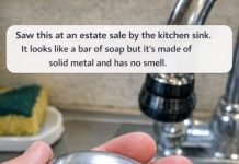 Saw this at an estate sale by the kitchen sink. It looks like a bar of soap but it’s made of solid metal and has no smell.