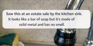 Saw this at an estate sale by the kitchen sink. It looks like a bar of soap but it’s made of solid metal and has no smell.