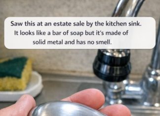 Saw this at an estate sale by the kitchen sink. It looks like a bar of soap but it’s made of solid metal and has no smell.