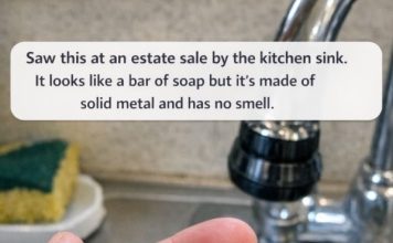 Saw this at an estate sale by the kitchen sink. It looks like a bar of soap but it’s made of solid metal and has no smell.