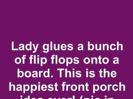 Lady glues a bunch of flip flops onto a board. This is the happiest front porch idea ever!