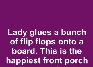 Lady glues a bunch of flip flops onto a board. This is the happiest front porch idea ever!